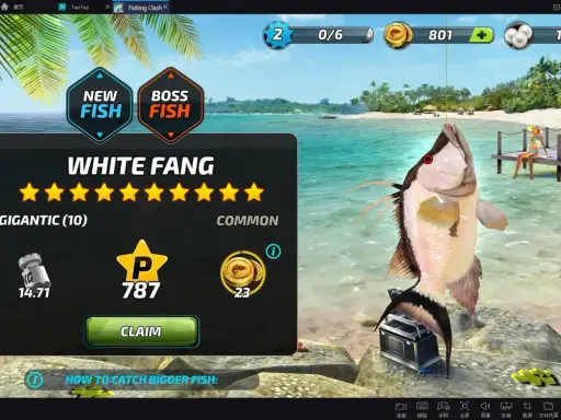 W grze Fishing Clash złowiono rybę White Fang. Gracz zdobył 787 punktów i 23 monety.