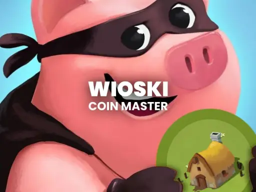 Świnia w masce złodzieja trzyma domek z gry Coin Master. Poznaj ceny wiosek Coin Master i buduj swoje imperium!