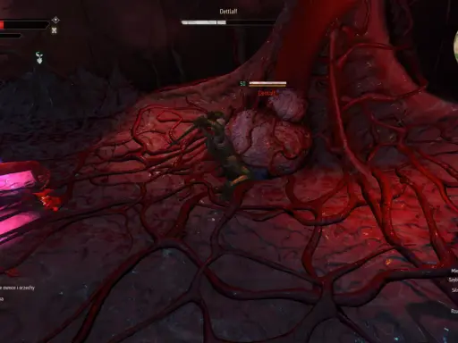 Geralt walczy z Dettlaffem w groteskowym, pulsującym wnętrzu. Jak pokonać Dettlaffa? Trzeba uważać na jego ataki i wykorzystać słabości.