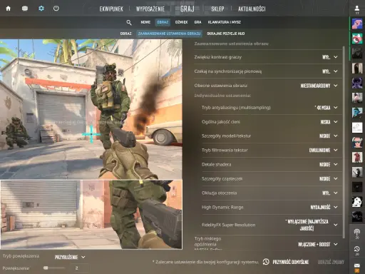 Ustawienia grafiki gry: opcje uruchamiania Steam, zaawansowane ustawienia obrazu, jakość cieni, tekstur i detali.