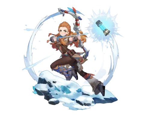 Aloy z Genshin Impact w akcji, naciąga łuk, gotowa do strzału. Wokół niej wiruje lodowy żywioł.