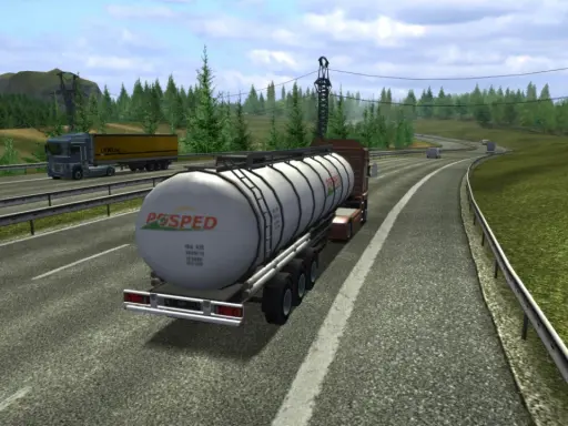 Ciężarówka z cysterną "POSPED" na drodze w grze Euro Truck Simulator 1.
