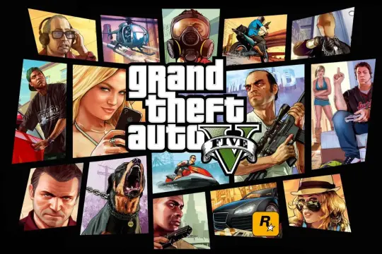 Kody GTA 5 PS5: kolaż postaci z gry, w tym Michael, Franklin, Trevor, Chop i inne.