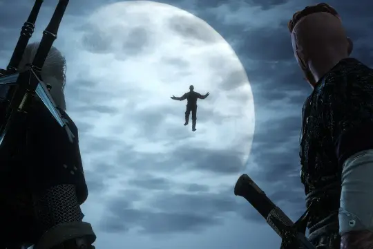 Geralt i Dijkstra obserwują unoszącą się postać na tle księżyca. Czy to ten, kto sieje wiatr w Wiedźminie 3?