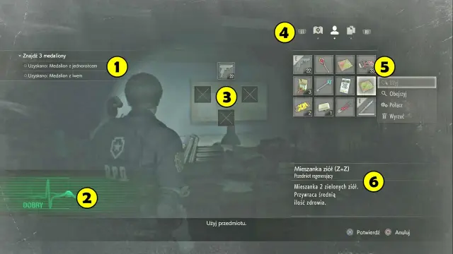 Resident Evil 2 solucja: Leon szuka medalionów, ma pistolet i apteczkę. W ekwipunku klucze i mapy.