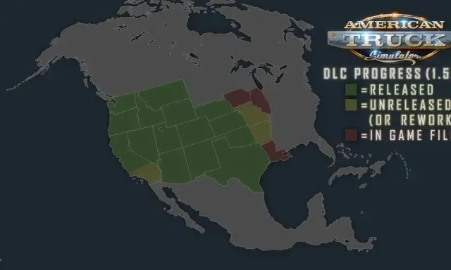 Mapa DLC American Truck Simulator. Zielone stany wydane, żółte nie wydane/przerabiane, czerwone w plikach gry.