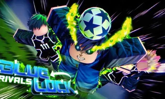 Postacie z gry "Blue Lock Rivals" w akcji, z piłką i zielonymi płomieniami.