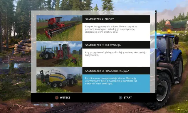 Menu gry fs15: kombajn do zbioru rzepaku, traktor z kultywatorem, prasa do słomy.