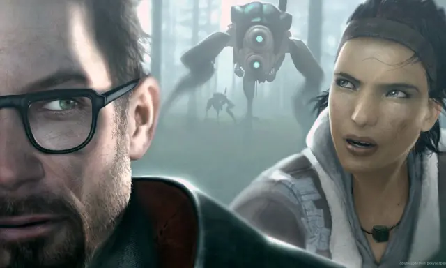 Gordon Freeman i Alyx Vance w lesie, ścigani przez Combine Advisors. Wizja z Half-Life 2: Episode Three.