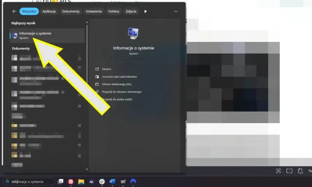 Strzałka wskazuje "Informacje o systemie", gdzie można sprawdzić ustawienia, w tym UEFI Secure Boot.