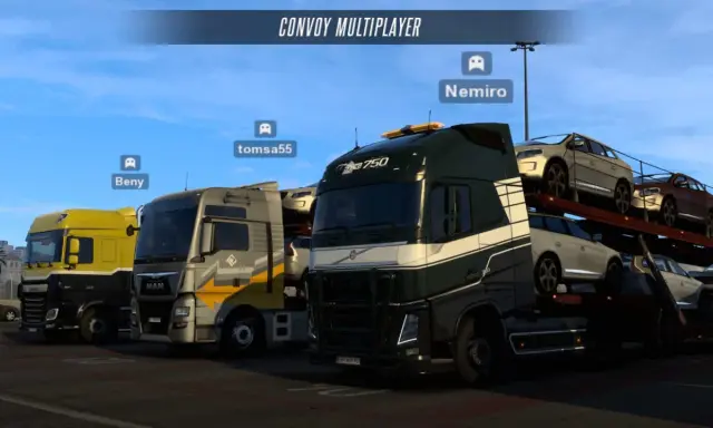 Konwój ciężarówek w grze ETS multiplayer. Beny, tomsa55 i Nemiro przygotowują się do wspólnej jazdy.
