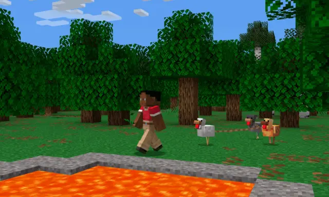 Gracz w Minecraft zbiera patyki, by zrobić smycz. Obok niego idą kury i owca.