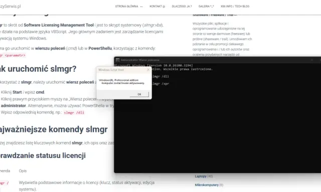 Komunikat "Komputer został trwale aktywowany" po wpisaniu komendy slmgr /dli, co oznacza, że udało się aktywować system Windows.