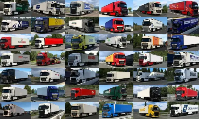 Kolekcja ets2 cars: ciężarówki różnych marek i firm transportowych, od białych po czerwone i niebieskie, jadące po drogach.
