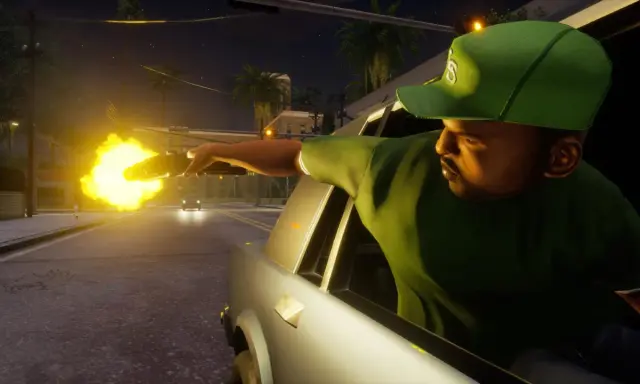 CJ strzela zza okna samochodu, jakby szukał kodu na nieśmiertelność w GTA SA.
