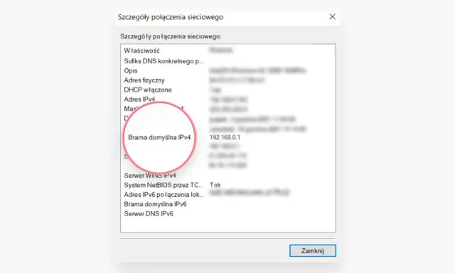 Szczegóły połączenia sieciowego pokazują adres bramy domyślnej IPv4, który jest adresem ip routera: 192.168.0.1.