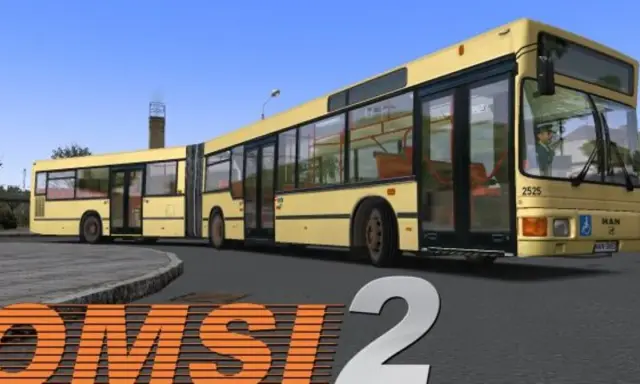 Żółty przegubowy autobus MAN na tle budynków i nieba, z logo OMSI 2.