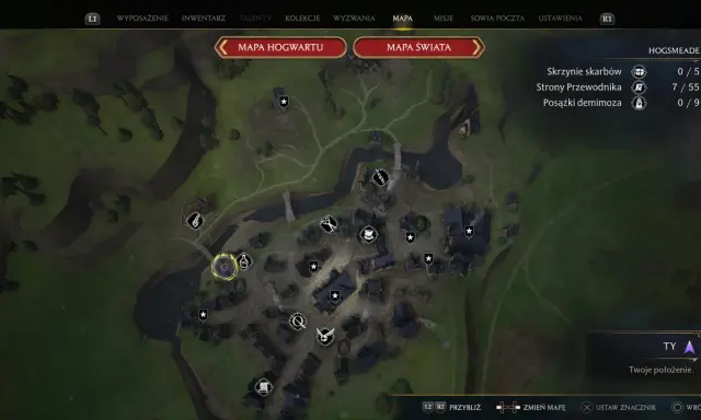 Mapa Hogsmeade z zaznaczonymi skrzyniami skarbów, stronami przewodnika i posążkami demimoza.