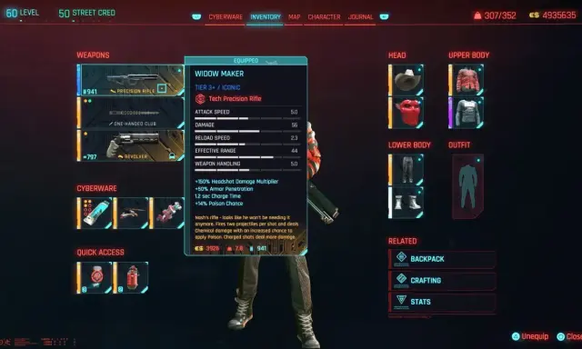 Interfejs gry Cyberpunk 2077: ekwipunek z karabinem Widow Maker, zasady gry widoczne w statystykach broni.