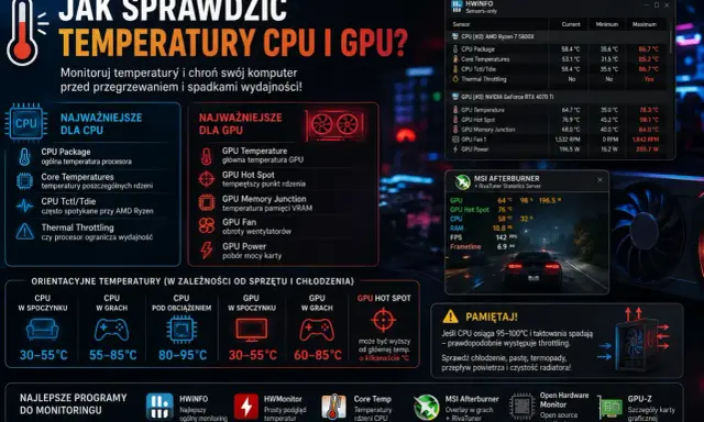 Monitoruj temperaturę karty graficznej (GPU) i procesora (CPU) za pomocą HWInfo i MSI Afterburner. Sprawdź kluczowe wskaźniki, by uniknąć przegrzewania.