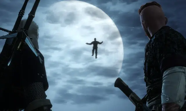 Geralt i Dijkstra obserwują unoszącą się postać na tle księżyca. Czy to ten, kto sieje wiatr w Wiedźminie 3?