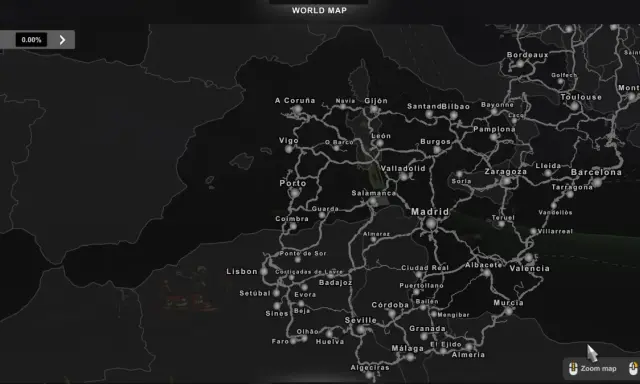 Mapa ETS 2 z zaznaczonymi miastami w Hiszpanii i Portugalii, w tym Madrytem, Barceloną i Lizboną.