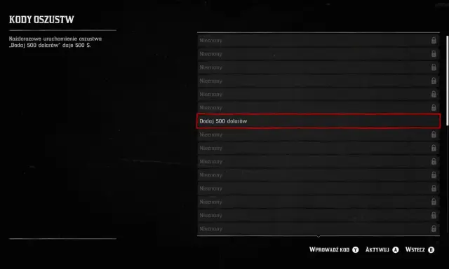 Menu oszustw w RDR2. Wybrana opcja "Dodaj 500 dolarów" daje 500 $.