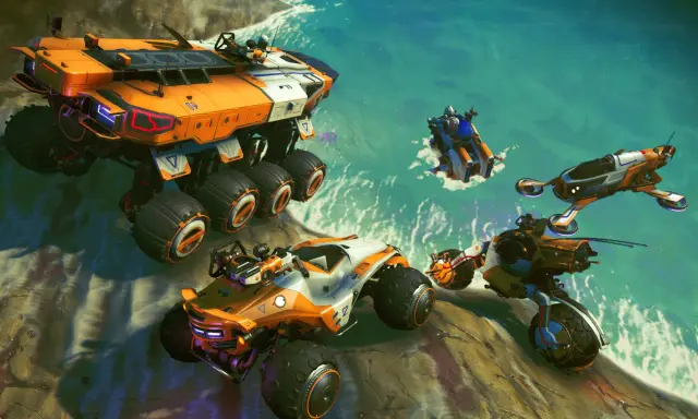 Różnorodne pojazdy z gry No Man's Sky poradnik: wielka ciężarówka, buggy, motocykl i latający pojazd na tle wodnego krajobrazu.