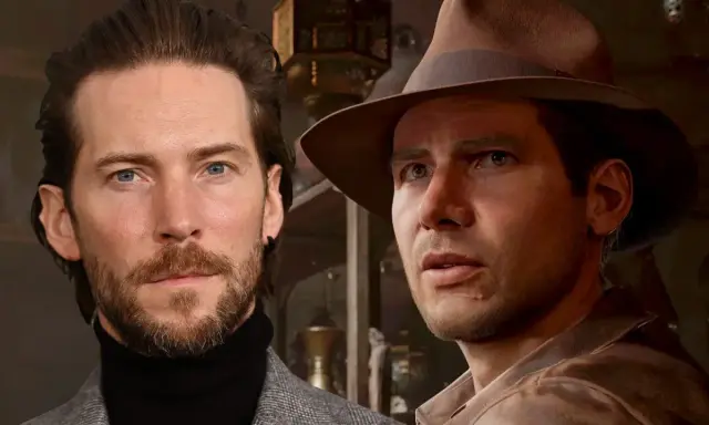 Troy Baker obok postaci w kapeluszu, przypominającej Indianę Jonesa.