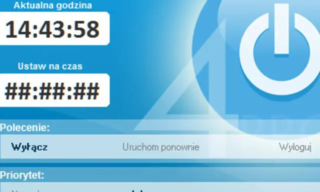 Interfejs programu do automatycznego wyłączania komputera. Aktualna godzina 14:43:58, polecenie "Wyłącz".
