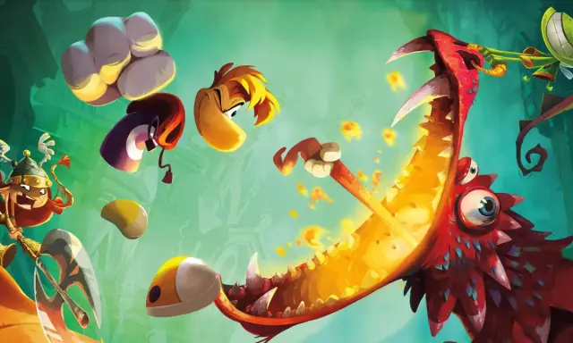 Postacie z Rayman 4 walczą z ogromnym, czerwonym smokiem.