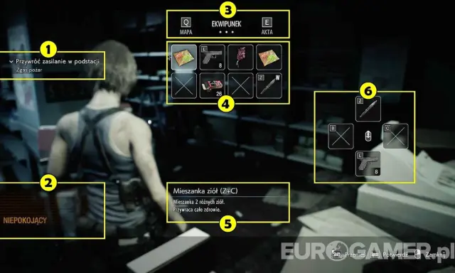 Poradnik Resident Evil 3: Jill walczy o przetrwanie, zbierając zioła i amunicję. Ekwipunek i mapa pomagają w walce.
