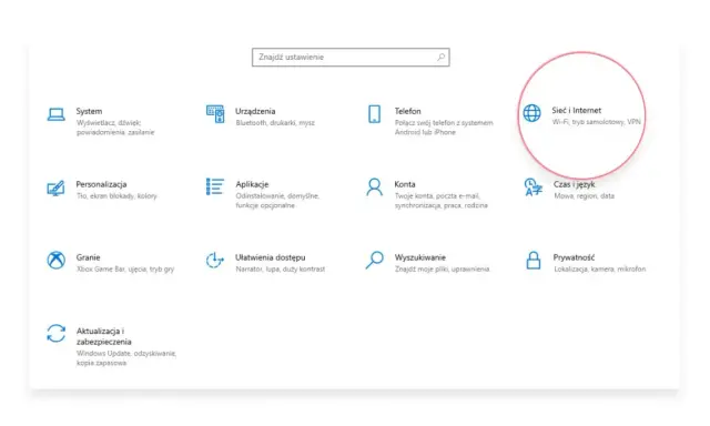 Ustawienia Windows: "Sieć i Internet" to miejsce, gdzie sprawdzisz kartę sieciową, Wi-Fi i VPN.