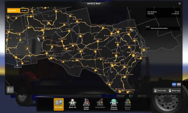 Mapa świata w grze ETS2, pokazująca południowo-zachodnie Stany Zjednoczone. Widoczne miasta to m.in. Albuquerque, El Paso, Dallas, Houston. To jest dlc mapowe ets2.