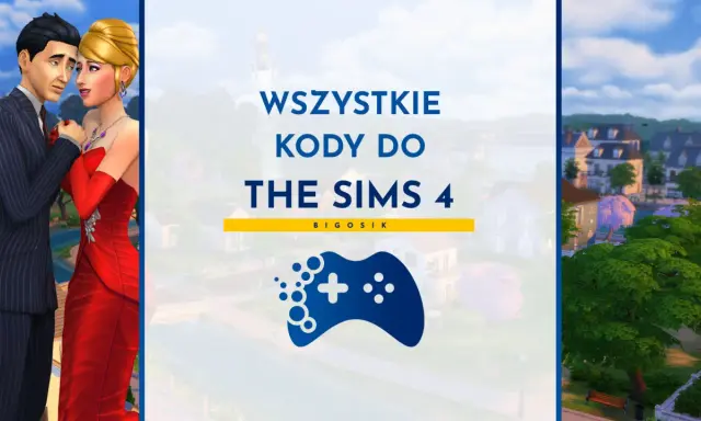 Kody na relacje The Sims 4: para w garniturze i czerwonej sukni, plansza z napisem "Wszystkie kody do The Sims 4" i ikoną pada.