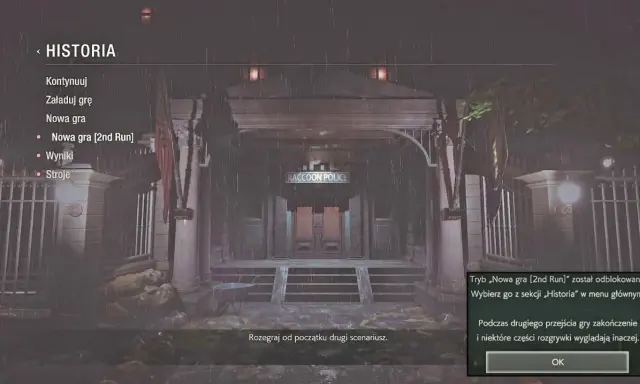 Menu gry Resident Evil 2. Dostępny jest tryb "Nowa gra [2nd Run]", który oferuje inne zakończenie i rozgrywkę. To świetny poradnik dla graczy!