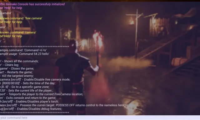 Gothic 2 kody na umiejętności: konsola pokazuje komendy, np. 'help' dla pomocy, 'kill' dla zabicia wroga, 'freecamera' dla swobodnej kamery.