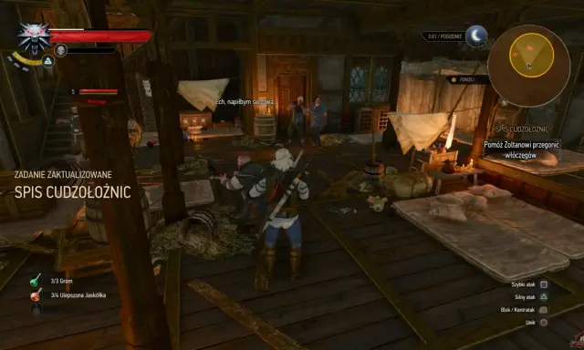 Wiedźmin 3: Spis cudzołożnic. Geralt w tawernie, gdzie zadanie "Spis cudzołożnic" zostało zaktualizowane. Pomóż Zoltanowi przegonić włóczęgów.