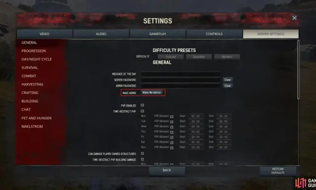 Ustawienia serwera w Conan Exiles: zakładka "General", opcja "Make Me Admin" do nadania sobie uprawnień administratora.