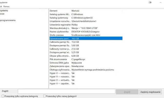 Jak sprawdzić jaki mam RAM? Na zrzucie ekranu widać okno "Informacje o systemie", gdzie pod hasłem "Zainstalowana pamięć" widnieje wartość 16,0 GB.