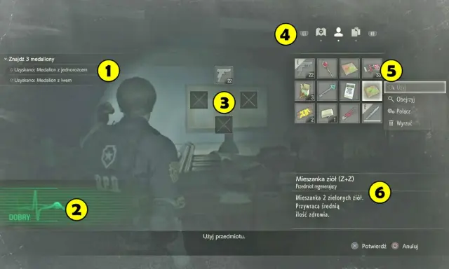 Resident Evil 2 solucja: Leon szuka medalionów, ma pistolet i apteczkę. W ekwipunku klucze i mapy.