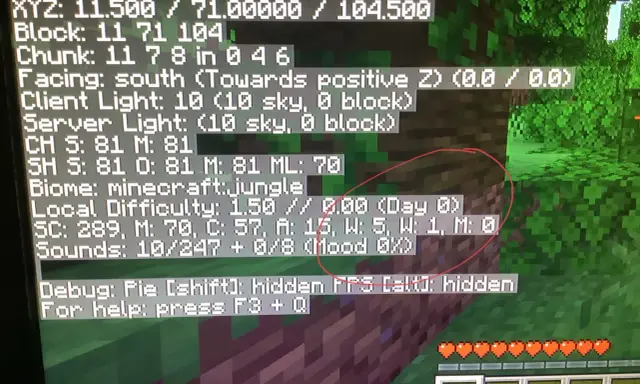 Komenda na dzień w MC. Widać debug menu z informacjami o świecie, współrzędnych, trudności i stanie gracza.