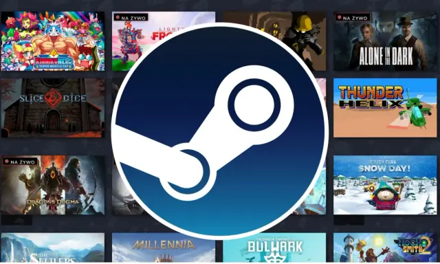 Logo Steam otoczone okładkami gier. Dowiedz się, jak udostępnić grę na Steam, aby dzielić się zabawą ze znajomymi.