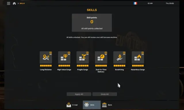 Menu umiejętności w Euro Truck Simulator 2. Poradnik pokazuje dostępne opcje: dalekie trasy, cenne ładunki, delikatne przesyłki, dostawy na czas, ekodriving i niebezpieczne towary.