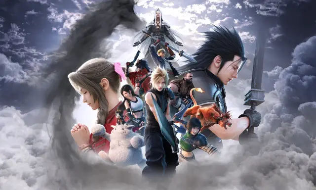 Postacie z Final Fantasy VII od Square Enix w chmurach. Cloud, Tifa, Aerith, Zack i Sephiroth w epickiej kompozycji.