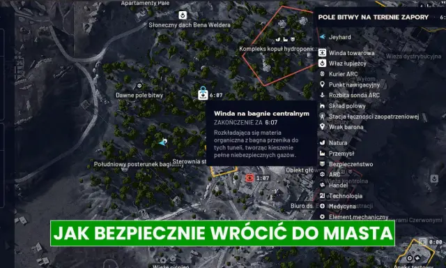 Mapa terenu gry z zaznaczonymi punktami, celami i informacjami o zagrożeniach. Wskazuje drogę do bezpiecznego powrotu do miasta.