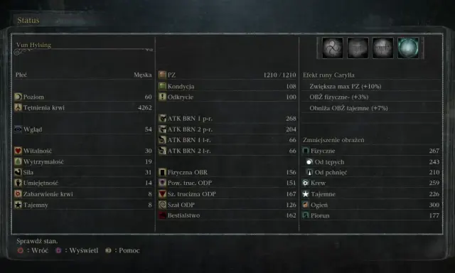 Status Vun Hylsing, poziom 60. To jest bloodborne poradnik, który pokazuje statystyki postaci, obrażenia i obrony.