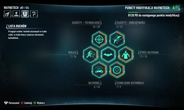 Menu gry Batman Arkham Knight. Widok drzewka umiejętności Waynetech, gdzie można ulepszać gadżety, walkę, batmobil i strój.