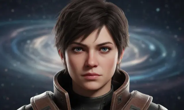 Młoda kobieta o niebieskich oczach i krótkich brązowych włosach, ubrana w skórzaną kurtkę. Idealna jako awatary do gier science-fiction.