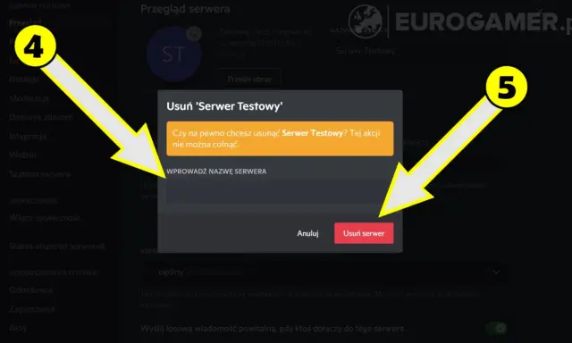 Jak usunąć serwer na DC? Kliknij "Usuń serwer", wpisz nazwę serwera, aby potwierdzić.